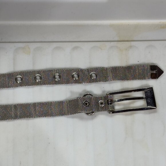 Vintage Metallic Mesh Belt Silver Buckle Detail Adjustable Grommets Size 36 - Picture 7 of 9
